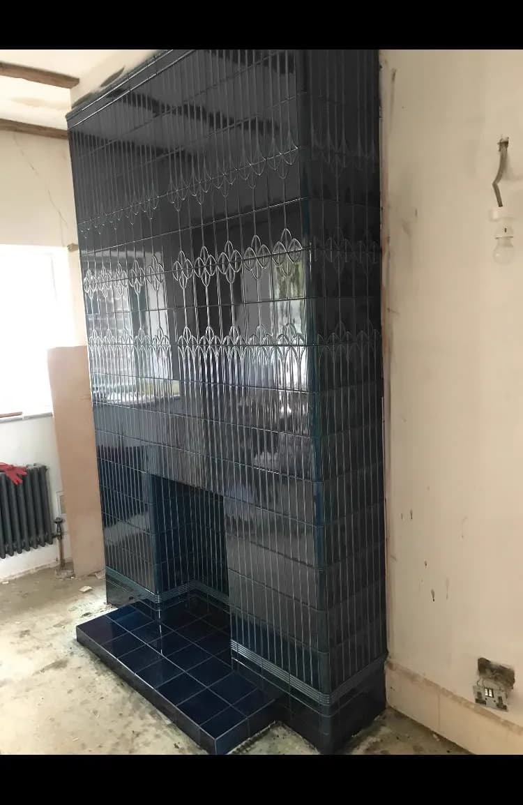 Dark navy Art Deco glazed ceramic tile fireplace surround with decorative pattern border, Banks and Co Ceramics